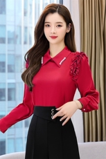 春季新款女装修身钉珠木耳边拼接长袖衬衫时尚百搭显瘦上衣，女装衬衫，时尚俏佳人