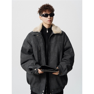 复古可脱卸羊羔毛领大码M-5XL面层PU皮棉衣男77933P138控198图片