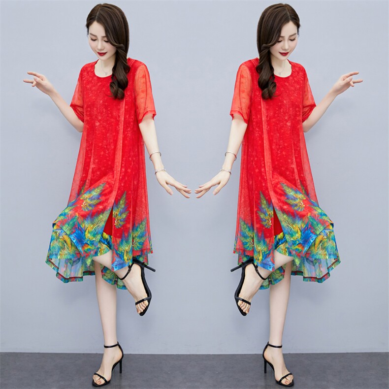 2023夏季女装新款大量现货定位花冰丝网孔洋气大码妈妈连衣裙,女装大码女装,魅衣本色
