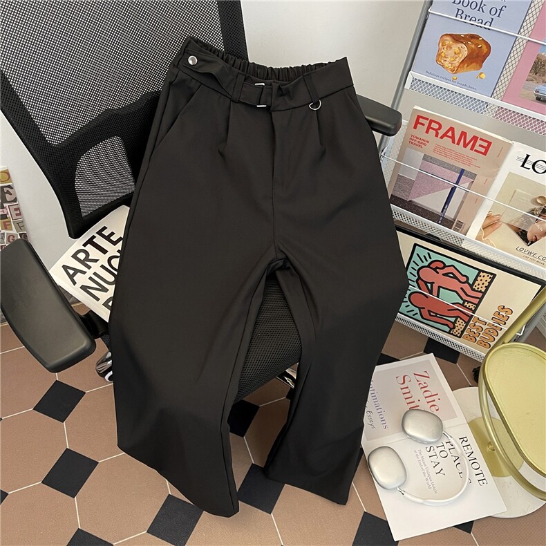 黑色捏褶毛呢休闲西裤男春秋裤子免腰带设计感宽松直筒西装裤，男装西服套装，星座601-1