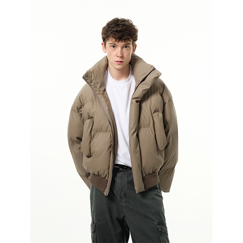 现货5W件冬季三防重磅硬挺boxy短款羽绒立领PU皮棉衣外套加厚棉服，男装棉衣，电商A486-1