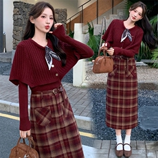 2025年秋季时尚潮流显瘦针织外披三件套裙，女装套装/套裙，心心服饰