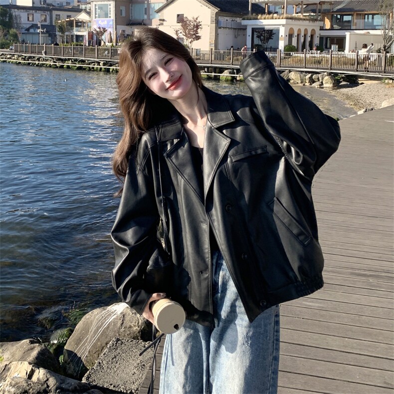 新款有货春季黑色皮衣外套5504P155K228,女装皮衣,2C176