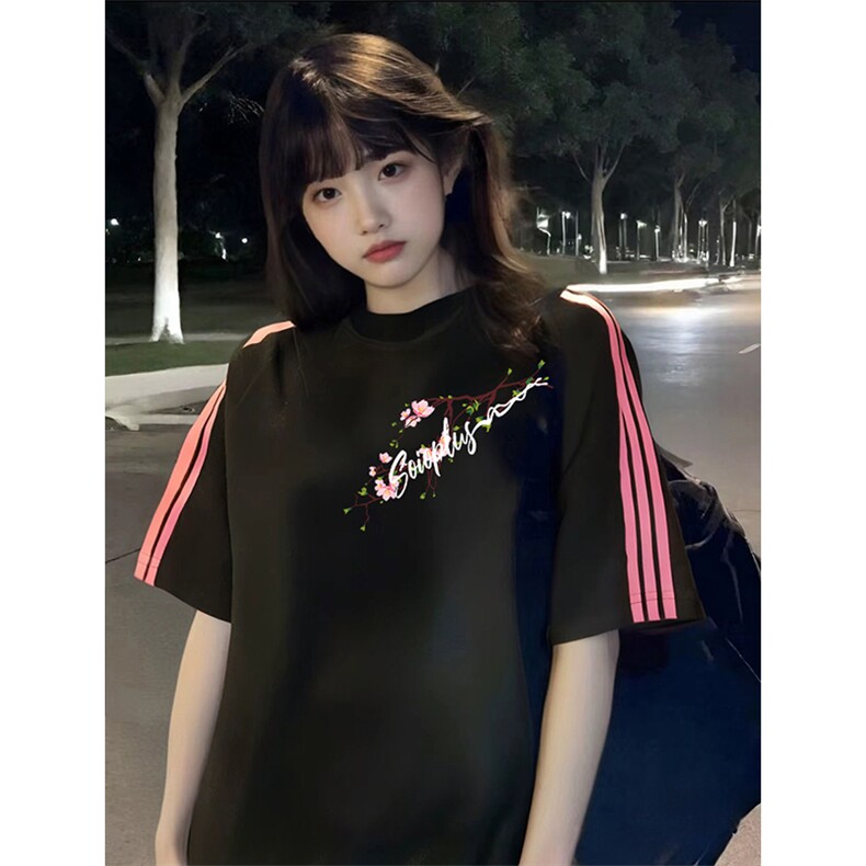 抖音得物品质二开240克宽松纯棉美式潮牌印花三条杠中性风短袖T恤,男装T恤,电商A486
