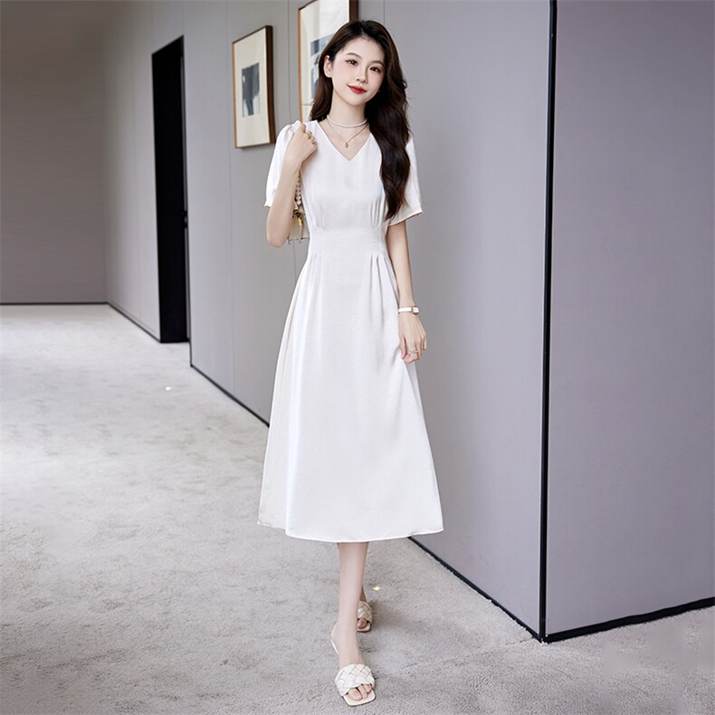 时尚气质优雅短袖连衣裙女2025年夏季新款收腰显瘦中长裙,女装连衣裙,时尚俏佳人