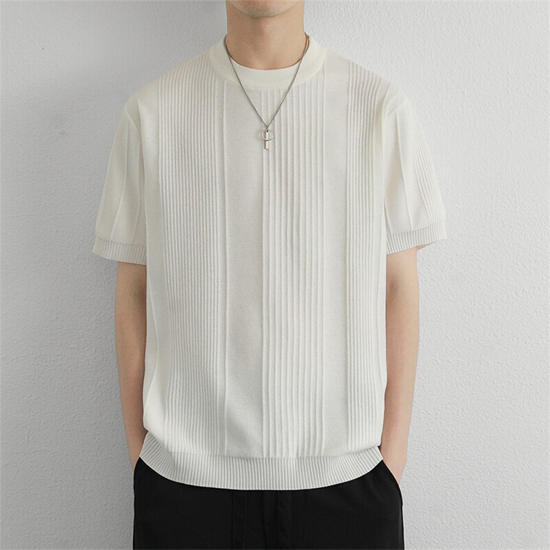 夏季绅士新品 细条纹设计感圆领针织T恤修身透气百搭休闲短袖冰丝图片