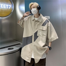 衬衫男士夏季新款撞色工装短袖宽松港风潮休闲衬衣外套C2793-P33，男装T恤，星座1008-1