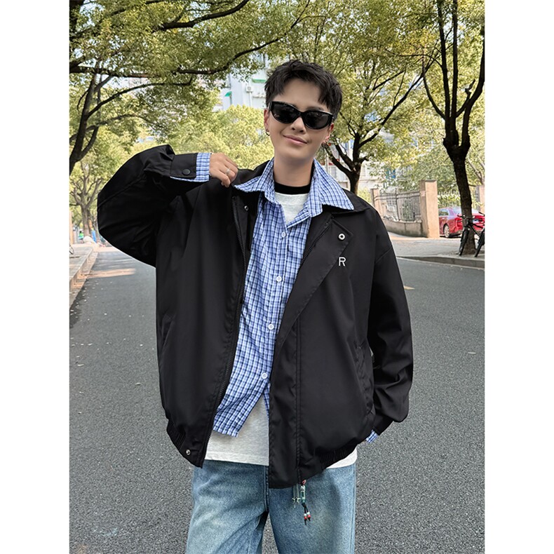 撞色拼接假两件外套女春秋美式复古宽松情侣翻领开衫夹克JK62-P70,男装夹克,星座308B-2