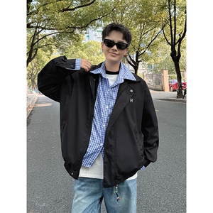 撞色拼接假两件外套女春秋美式复古宽松情侣翻领开衫夹克JK62-P70图片