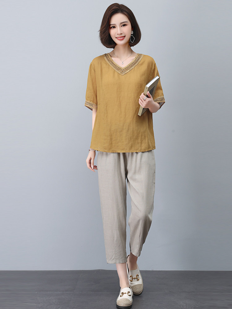 苎麻t恤女短袖2025新款夏季v领小衫中年妈妈刺绣时尚休闲宽松上衣,女装套装/套裙,悦见她