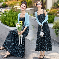 圣雅姿2025春夏韩版时尚气质碎花吊带连衣裙针织开衫两件套显瘦女，女装套装/套裙，魅丽静蓝