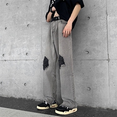 美式vibe裤子高街灰色破洞牛仔裤男设计拉链开叉微喇裤Q6070-P48，男装牛仔裤，星座1001-1