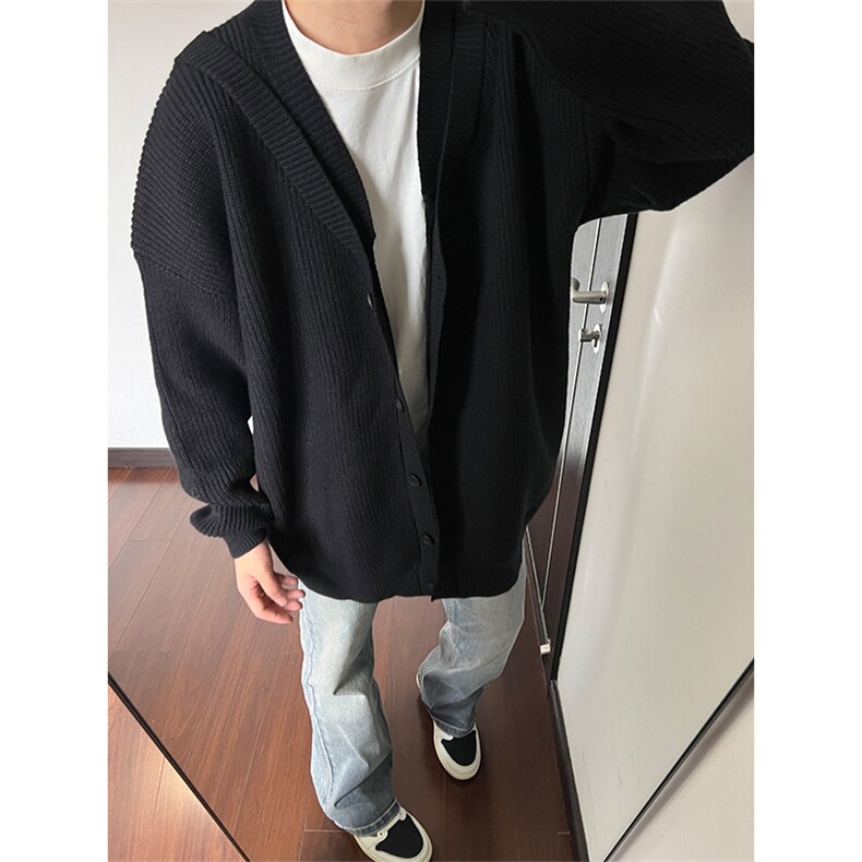 抖音品质V领开衫毛衣男港风纯色针织衫复古慵懒风外套MY2625 P60图片