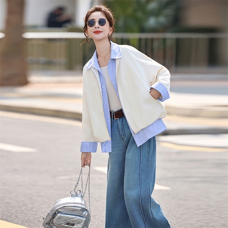 时尚条纹拼接假两件短外套女春季新款设计感减龄夹克风衣上衣,女装短外套,秀美人生
