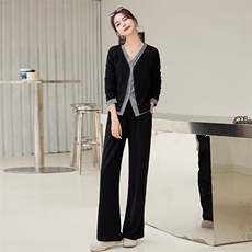 时尚修身显瘦假两件套装女2024春装长袖T恤+高腰阔腿长裤两件套，女装套装/套裙，江南女神