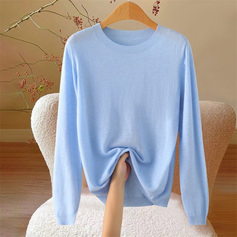 2025秋季一线精仿细羊毛花纱圆领薄款针织打底衫女设计感长袖T恤，女装针织衫/毛衣，众美斯特