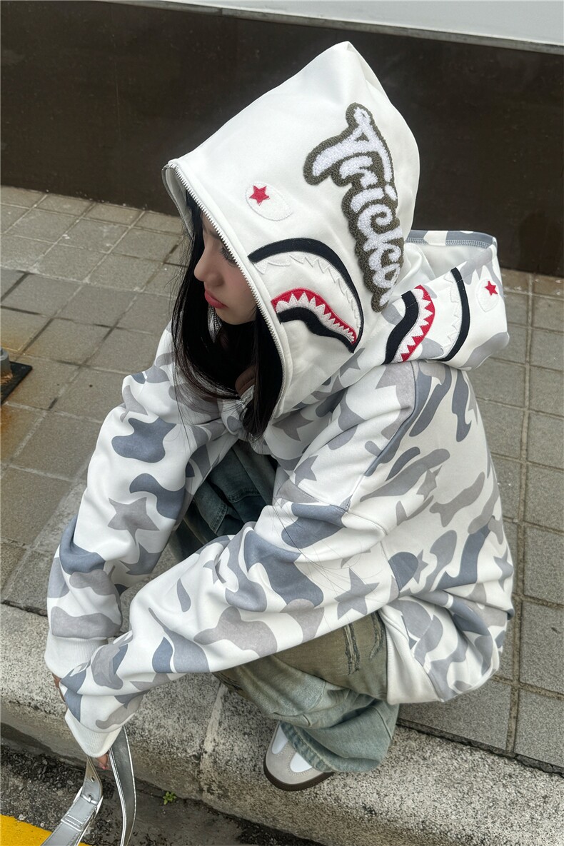 美式高鲨鱼拉链刺绣卫衣男女同款情侣春秋薄款hiphop原创连,男装卫衣,星座505-2（原电商A260-1)