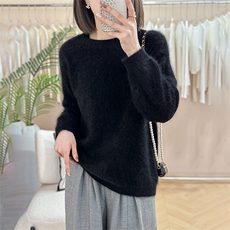 复古山羊绒衫女圆领宽松针织衫毛衣外套，女装羊绒衫，仟禧羊绒