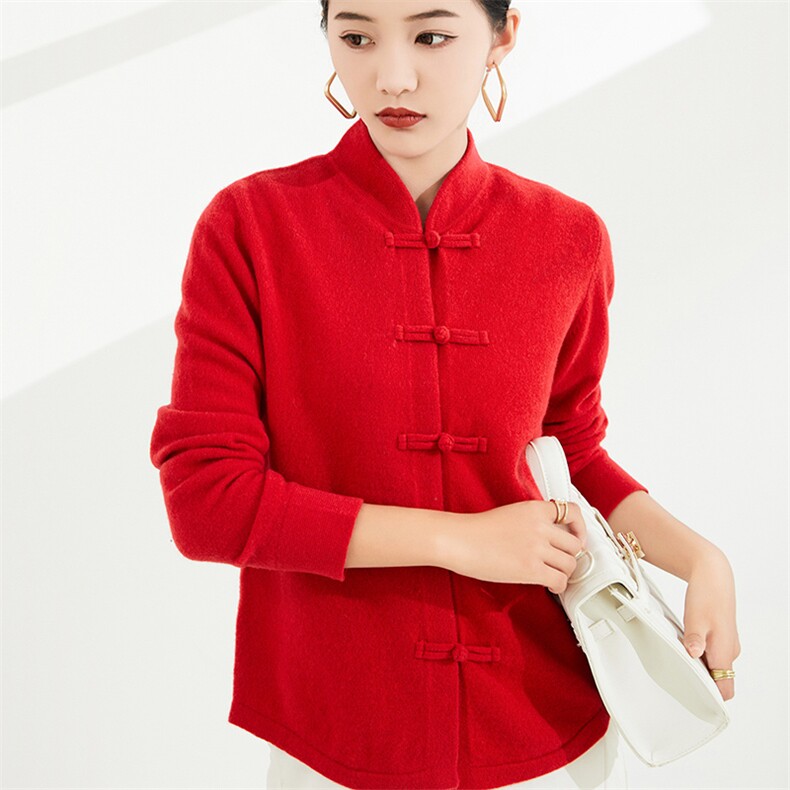 女士秋冬季新款时尚盘扣中式极简风羊毛衫,女装羊毛衫,奢优羊绒