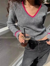秋冬韩版V领拼色百搭针织打底衫女短款高腰毛衣时髦外穿，女装针织衫/毛衣，半城羊绒