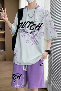 TZ25338-P55夏季休闲T恤短裤男两件套青少年学生运动短袖套装图片