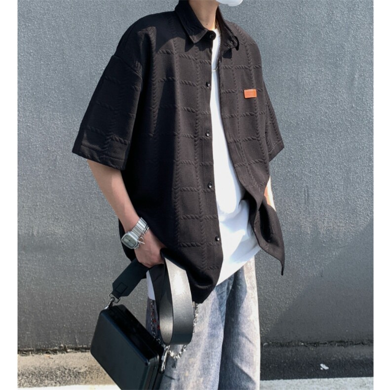 2026夏短袖格子衬衫大码男纹理提花衬衣薄外套 CS580/特P35 黑色5图片