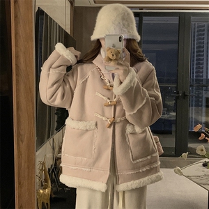 新款麂皮绒连帽羊角扣皮毛一体羊羔毛棉服女C571-125图片