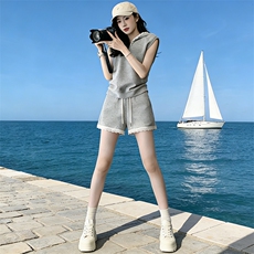 欧系潮牌时尚休闲套装女夏新款洋气减龄蕾丝连帽短袖短裤显瘦套装，女装套装/套裙，江南