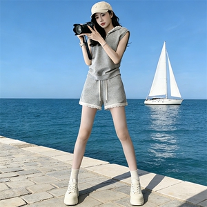 欧系潮牌时尚休闲套装女夏新款洋气减龄蕾丝连帽短袖短裤显瘦套装，女装套装/套裙，江南