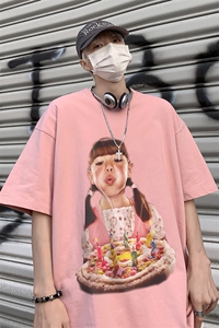 B239-1187-P28欧美式小女孩创意蛋糕印花夏季高克重落肩袖短袖t恤图片