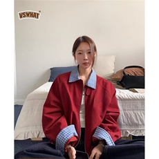 时尚格子拼接翻领开衫夹克女外套秋季新款设计感上衣WL7488-P60，男装夹克，星座1008