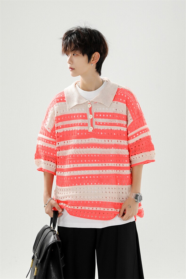 8XL-M特大码美式复古条纹撞色针织POLO衫翻领休闲短袖TDX311P35,男装T恤,电商D206-1
