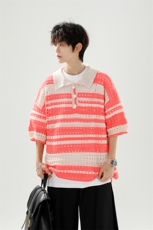 8XL-M特大码美式复古条纹撞色针织POLO衫翻领休闲短袖TDX311P35，男装T恤，电商D206-1