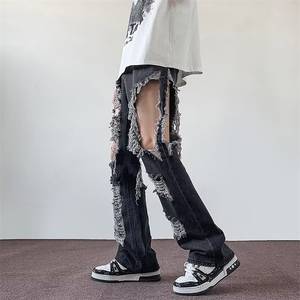 美式街头破洞牛仔裤男宽松欧美高街vibe风长裤子N08231-P45图片