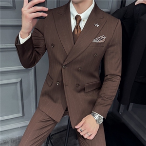 羊毛厚款条纹西服三件套高品质毛呢西装套装男灰色SJT8069-P325,羊绒大围巾怎么搭配图片