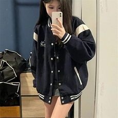 复古高级感学院风棒球服外套潮牌宽松藏蓝色休闲夹克棒球服WT6688，男装夹克，星座601-1