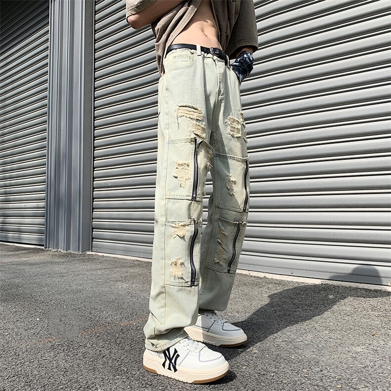 高街重工牛仔裤设计感拉链破洞vibe风潮流直筒裤子男N06038-P50图片