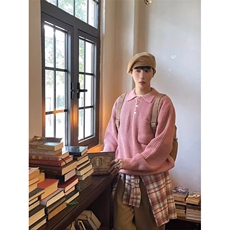 现货MY57-P80粉色宽松百搭口袋polo领长袖毛衣针织衫男女，男装针织衫/毛衣，星座1501-3