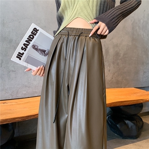 皮裤女2024秋季新款高腰休闲裤软皮PU皮潮酷拖地阔腿裤子图片
