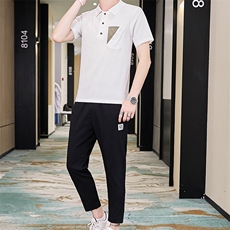 夏季短袖T恤套装男士中国风帅气冰丝薄款休闲两件套潮流TZ66-P45，男装T恤，星座509