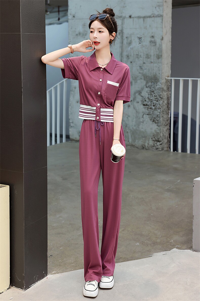 休闲运动套装女夏季2025新款高级感时尚短袖上衣洋气阔腿裤两件套,女装套装/套裙,妙形