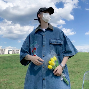 2023夏季高级感男工装衬衣休闲外套牛仔衬衫五分短袖W3437-P42图片