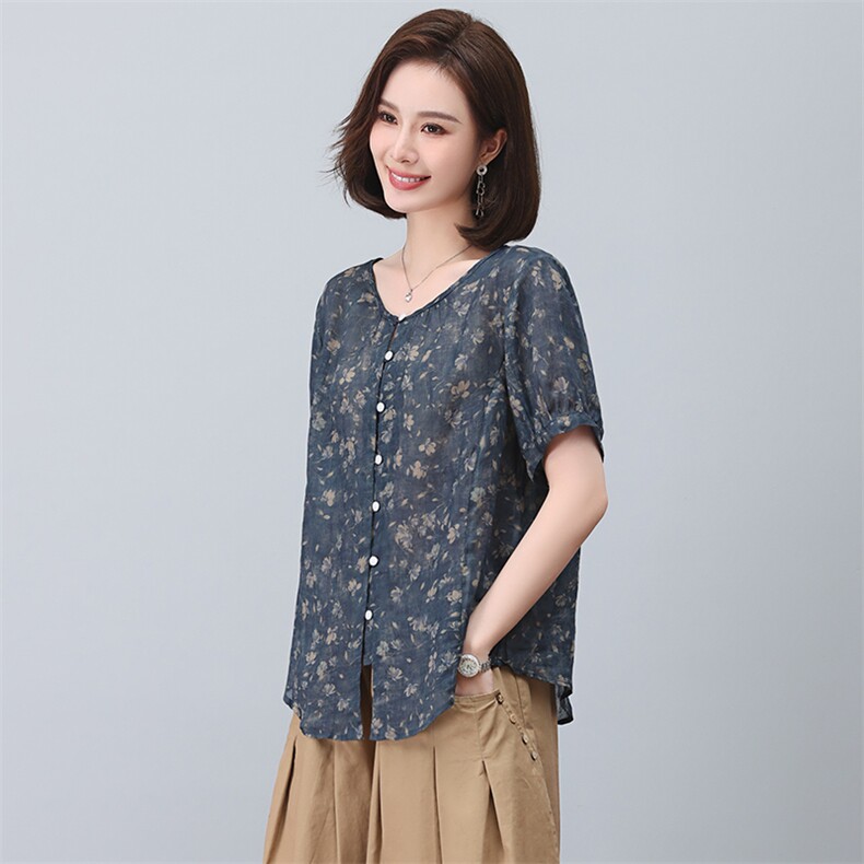 苎麻衬衫女短袖2023新款夏季碎花衬衣小个子妈妈小衫气质洋气上衣,女装衬衫,忆绮罗