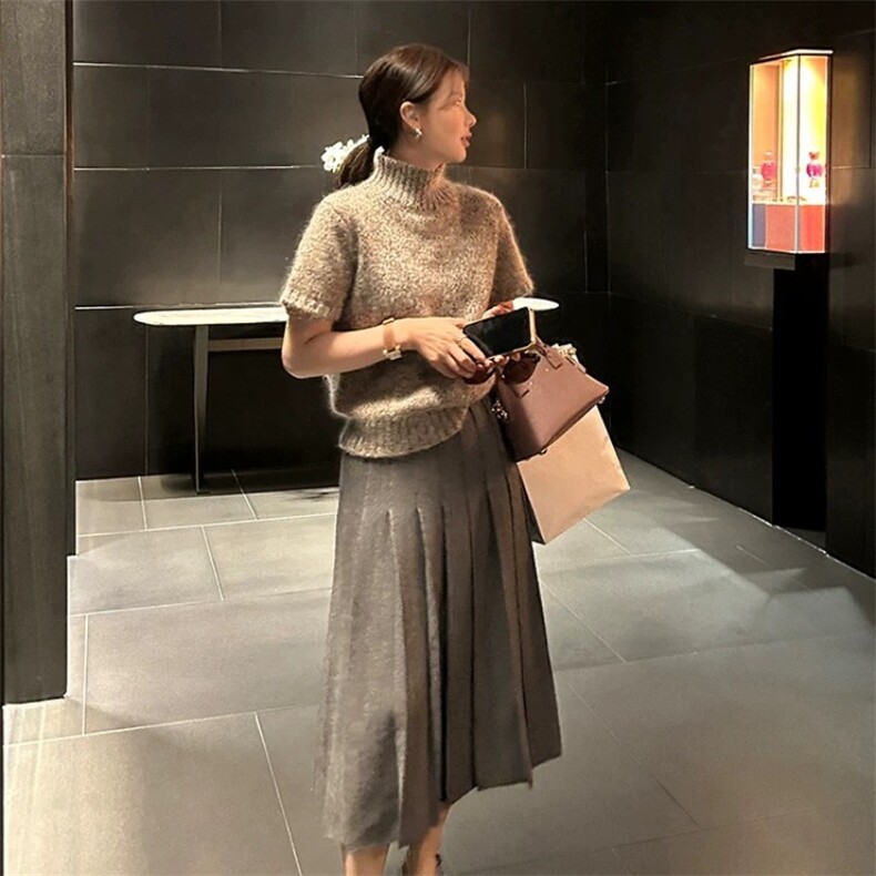 加厚气质慵懒风高领针织短袖毛衣女秋季高级感内搭半袖打底衫上衣,针织衫/毛衣,朝辰羊绒