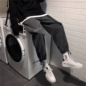 秋冬季ins港风牛仔裤男宽松直筒韩版简约束脚百搭休闲裤KZ926-P35图片