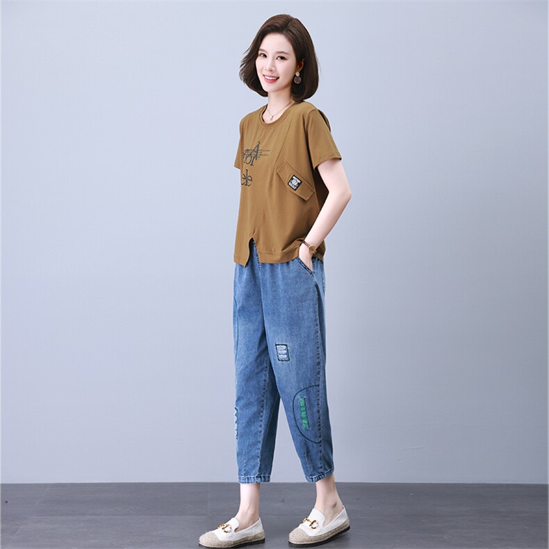 夏季休闲套装女2023年新款中年妈妈时尚洋气短袖宽松牛仔裤两件套,女装套装/套裙,叶笙衣