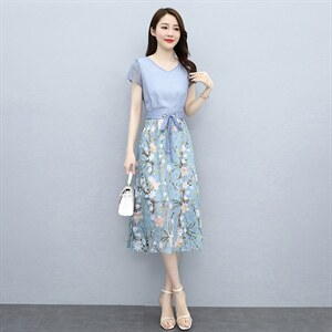 2025夏季碎花雪纺收腰假两件连衣裙女气质拼接裙子温柔长裙图片