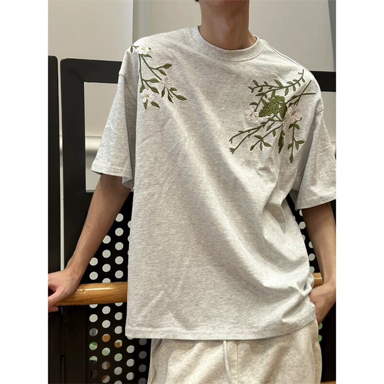 万针全刺绣工艺抖音得物高品质260克重磅纯棉双纱美式高街短袖T恤,男装T恤,电商A486