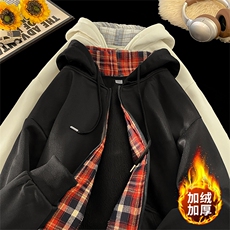 毛毯风格子开衫连帽卫衣宽松2026冬季潮牌加绒外套A436-117-P60，男装卫衣，电商A436