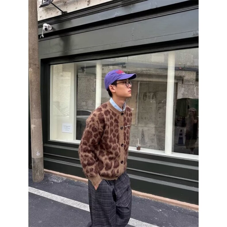 美式复古豹纹提花马海毛开衫毛衣男女秋冬宽松百搭慵懒针织衫外套,男装针织衫/毛衣,星座506A